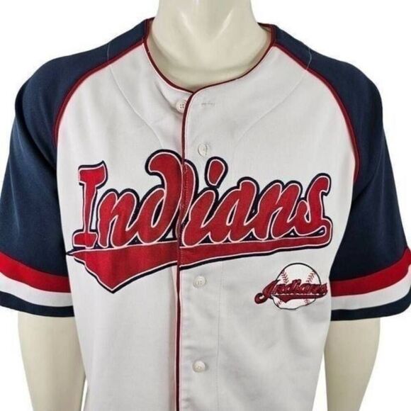 True Fan MLB Cleveland Indians Jersey Men’s Large L White Blue Red Baseball Shir - Picture 2 of 7